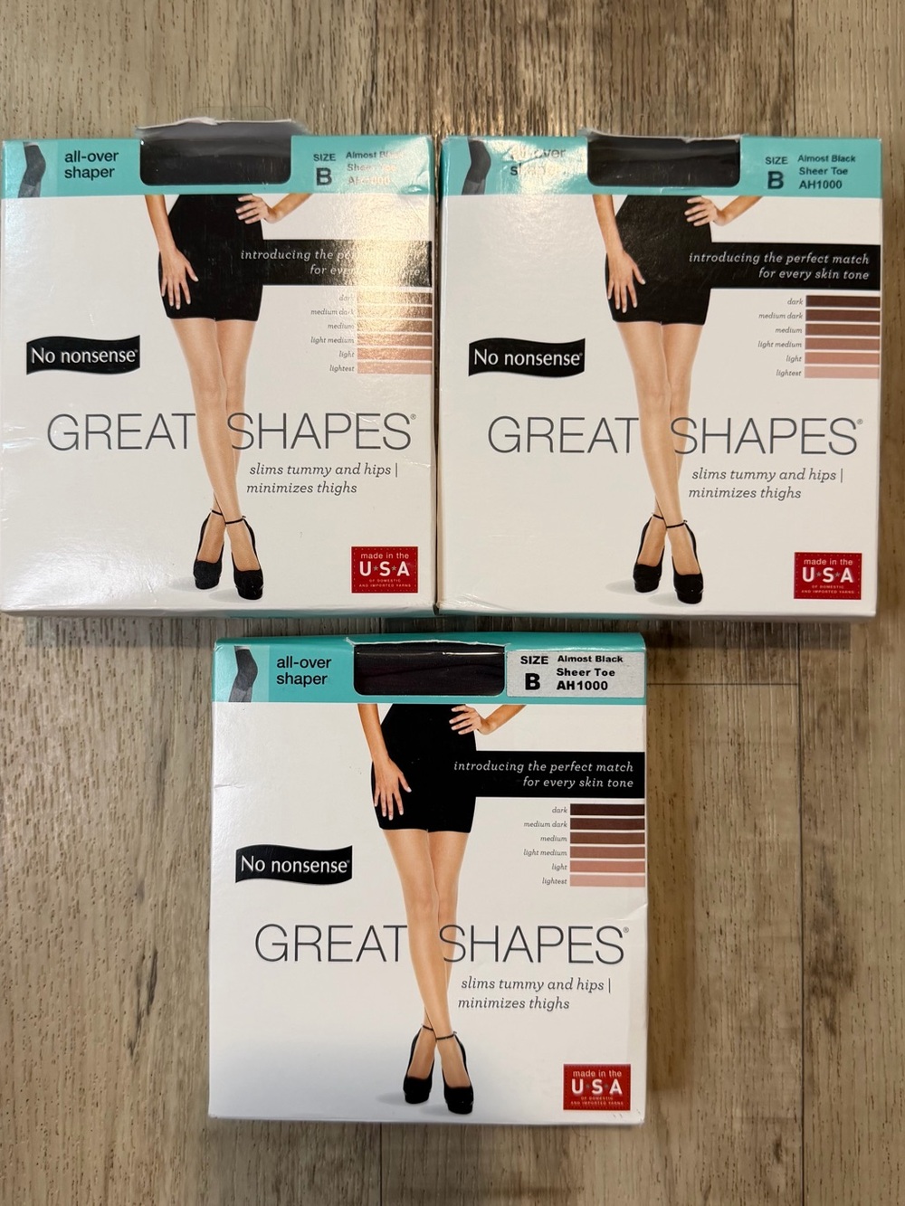 (3) No Nonsense Great Shapes ALMOST BLACK Sheer Pantyhose All-Over Shaper Size B